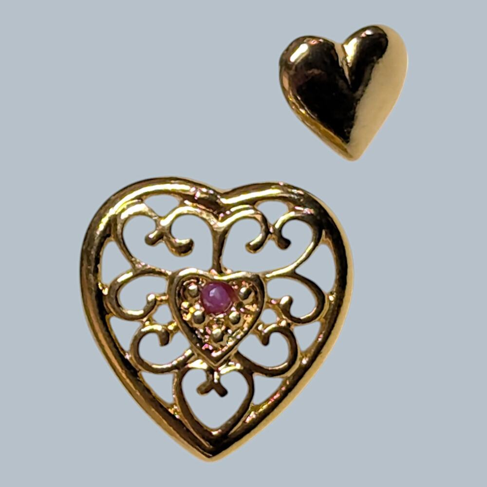 Filigree Gold Tone Pink Rhinestone & Solid Heart Hat Lapel Pin Lot - Picture 1 of 4